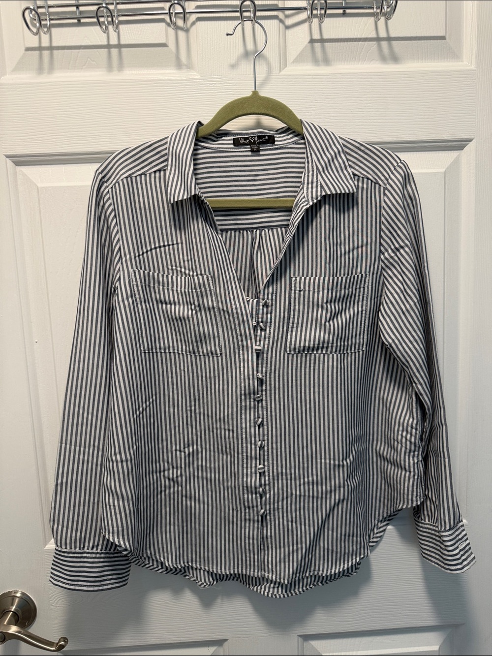 Velvet Heart Navy and White Vertical Stripe Button-Down Shirt